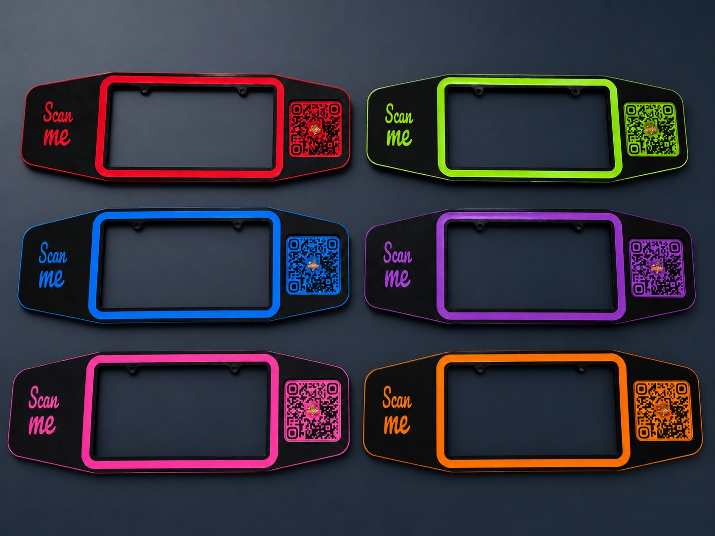 Six custom business QR code license plate frames in red, green, blue, purple, pink, and orange
